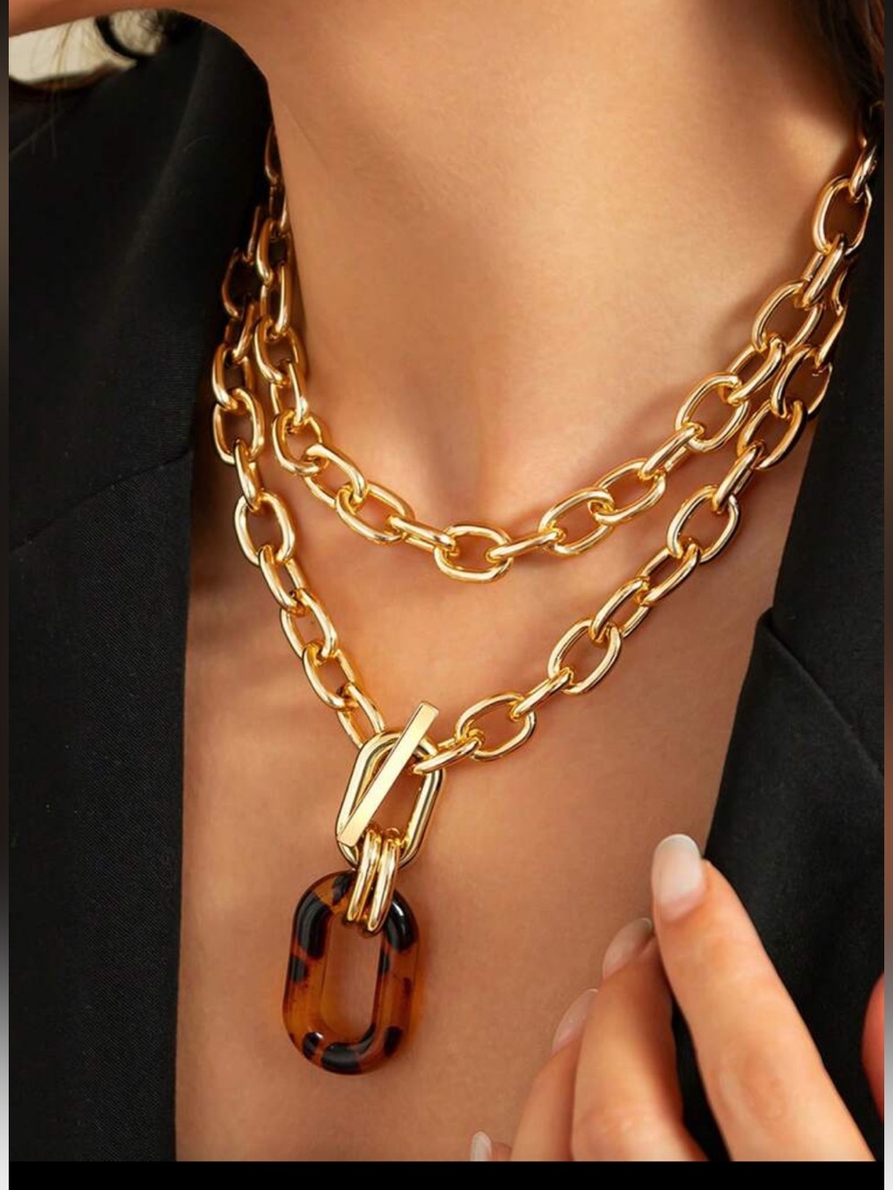 Gold Chain Necklace with Tortoiseshell Pendant - Women Jewelry